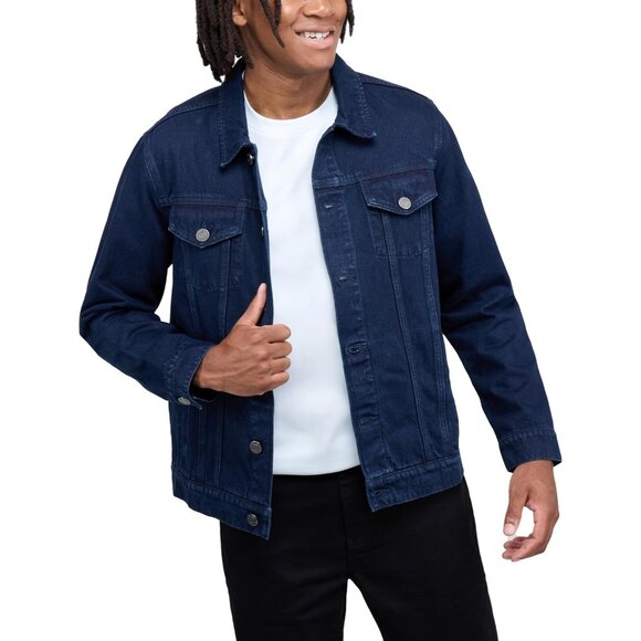 Mens Navy Denim Jacket Washed Ripped Distressed Stretch Casual Trucker - Picture 6 of 9